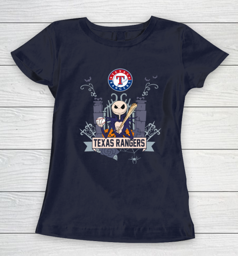 MLB Texas Rangers Baseball Jack Skellington Halloween Women's T-Shirt 2