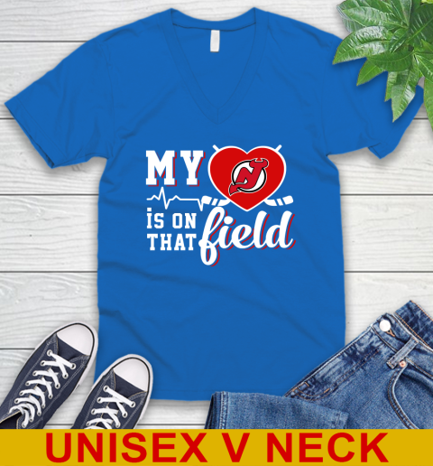NHL My Heart Is On That Field Hockey Sports New Jersey Devils V-Neck T-Shirt 5