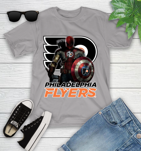 NHL Captain America Thor Spider Man Hawkeye Avengers Endgame Hockey Philadelphia Flyers Youth T-Shirt 4