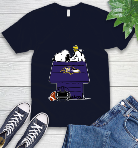 Baltimore Ravens NFL Football Snoopy Woodstock The Peanuts Movie V-Neck T-Shirt 3
