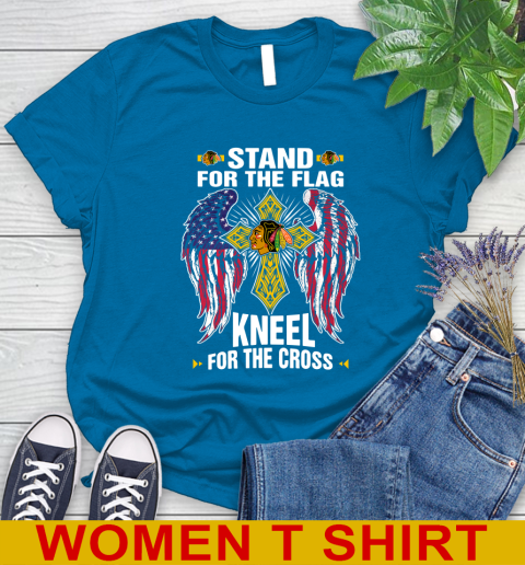 NHL Hockey Chicago Blackhawks Stand For Flag Kneel For The Cross Shirt Women's T-Shirt 8