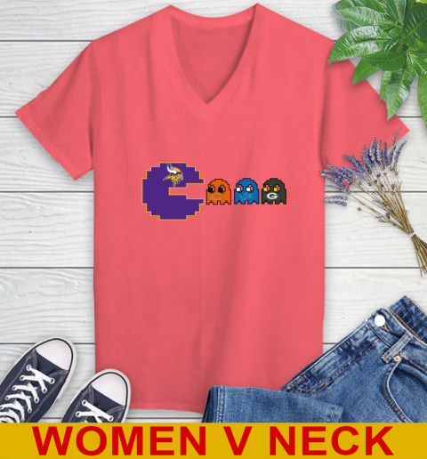 Minnesota Vikings NFL Football Pac Man Champion Women's V-Neck T-Shirt 7