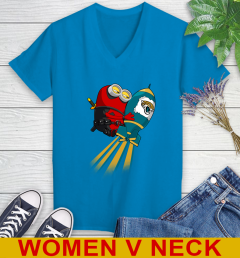 NFL Football Jacksonville Jaguars Deadpool Minion Marvel Shirt Women's V-Neck T-Shirt 7