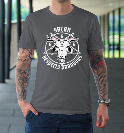 Satan Respects Pronouns Transgender Pentagram Trans Flag T-Shirt 6