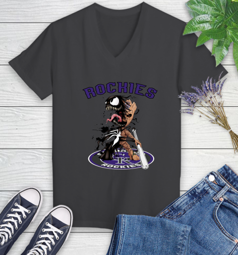 MLB Colorado Rockies Baseball Venom Groot Guardians Of The Galaxy Women's V-Neck T-Shirt 8