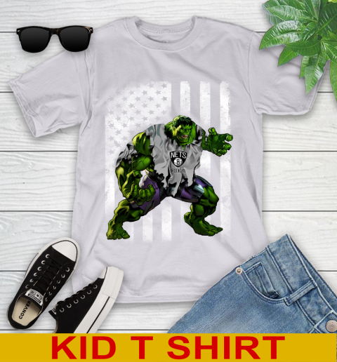 Brooklyn Nets Hulk Marvel Avengers NBA Basketball American Flag Youth T-Shirt 4