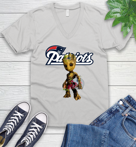 New England Patriots NFL Football Groot Marvel Guardians Of The Galaxy V-Neck T-Shirt