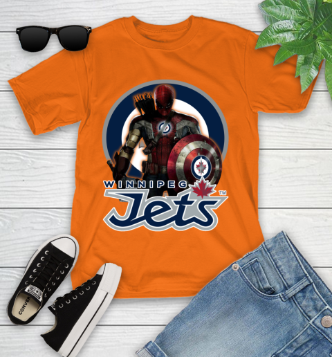 NHL Captain America Thor Spider Man Hawkeye Avengers Endgame Hockey Winnipeg Jets Youth T-Shirt 7