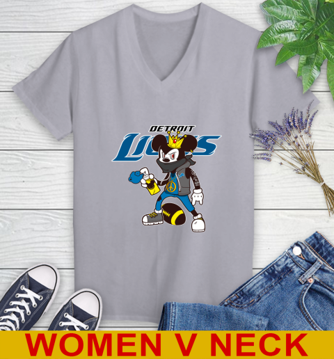 Detroit Lions NFL Football Mickey Peace Sign Sports Women's V-Neck T-Shirt 5