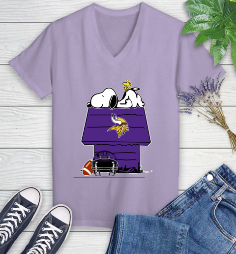 Minnesota Vikings NFL Football Snoopy Woodstock The Peanuts Movie Women's V-Neck T-Shirt 14