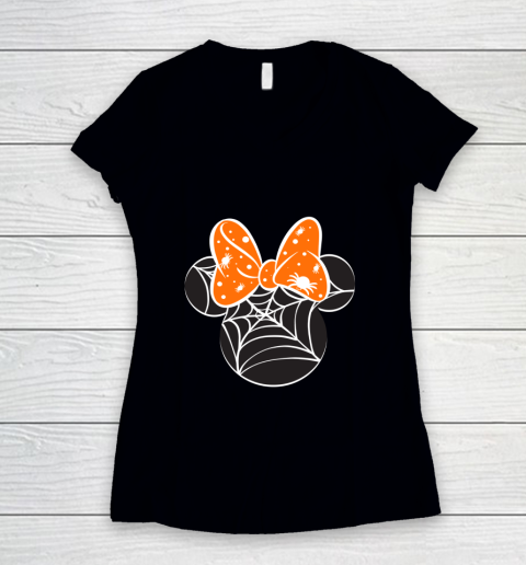 Disney Mickey Friends Halloween Minnie Spider Web Logo Women's V-Neck T-Shirt