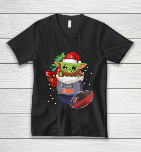 Cleveland Browns Christmas Baby Yoda Star Wars Funny Happy NFL V-Neck T-Shirt