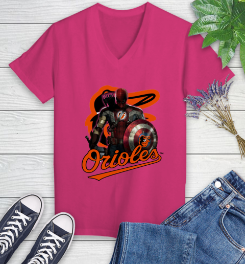 MLB Captain America Thor Spider Man Hawkeye Avengers Endgame Baseball Baltimore Orioles Women's V-Neck T-Shirt 9