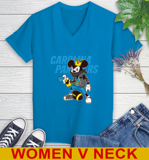 Carolina Panthers NFL Football Mickey Peace Sign Sports Women's V-Neck T-Shirt 8