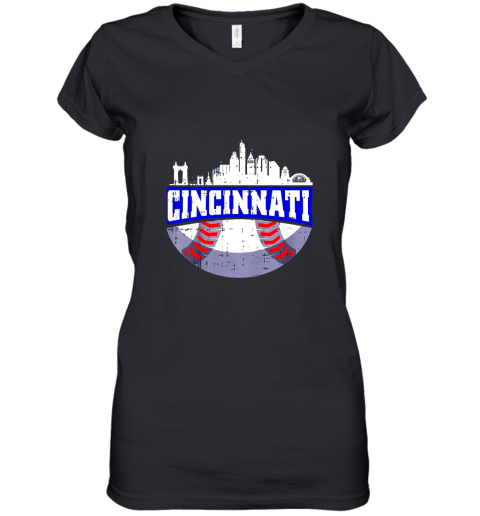 Cincinnati Baseball Skyline Ohio Baseball Player Gift Women's V-Neck T-Shirt