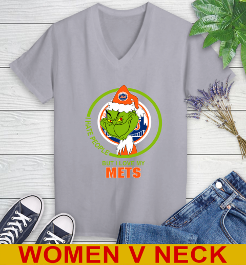 New York Mets MLB Christmas Grinch I Hate People But I Love My Favorite Baseball Team Women's V-Neck T-Shirt 5