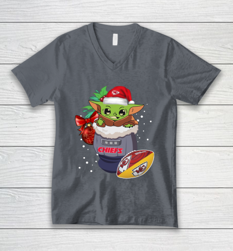 Kansas City Chiefs Christmas Baby Yoda Star Wars Funny Happy NFL V-Neck T-Shirt 5