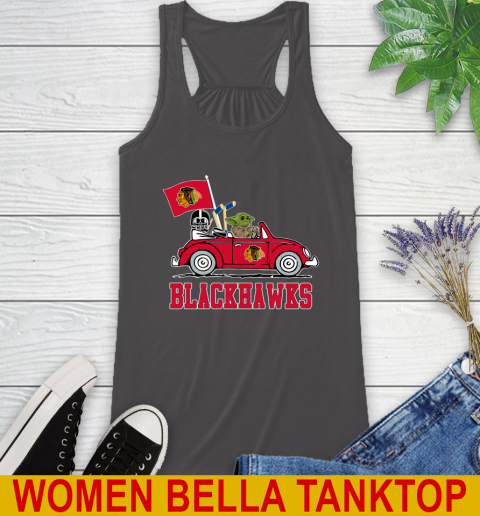 NHL Hockey Chicago Blackhawks Darth Vader Baby Yoda Driving Star Wars Shirt Racerback Tank 12