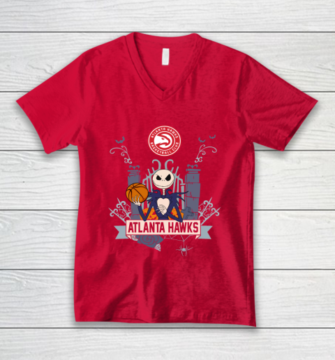 NBA Atlanta Hawks Basketball Jack Skellington Halloween V-Neck T-Shirt 6