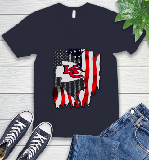 Kansas City Chiefs NFL Football American Flag V-Neck T-Shirt 2