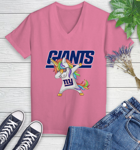 New York Giants NFL Football Funny Unicorn Dabbing Sports Women's V-Neck T-Shirt 13