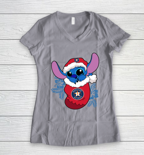 Houston Astros Christmas Stitch In The Sock Funny Disney MLB Women's V-Neck T-Shirt 4