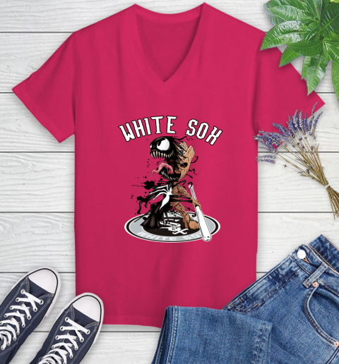 MLB Chicago White Sox Baseball Venom Groot Guardians Of The Galaxy Women's V-Neck T-Shirt 9