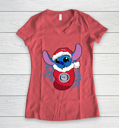 Seattle Seahawks Christmas Stitch In The Sock Funny Disney NFL Women's V-Neck T-Shirt 6