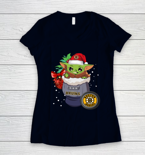 Boston Bruins Christmas Baby Yoda Star Wars Funny Happy NHL Women's V-Neck T-Shirt 3