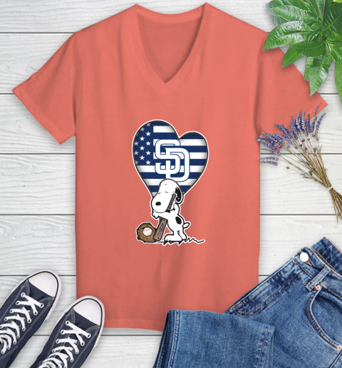 San Diego Padres MLB Baseball The Peanuts Movie Adorable Snoopy Women's V-Neck T-Shirt 6