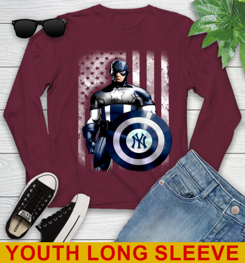 New York Yankees MLB Baseball Captain America Marvel Avengers American Flag Shirt Youth Long Sleeve 6