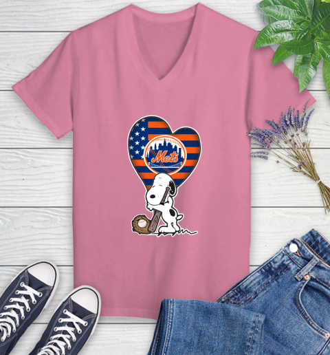 New York Mets MLB Baseball The Peanuts Movie Adorable Snoopy Women's V-Neck T-Shirt 13