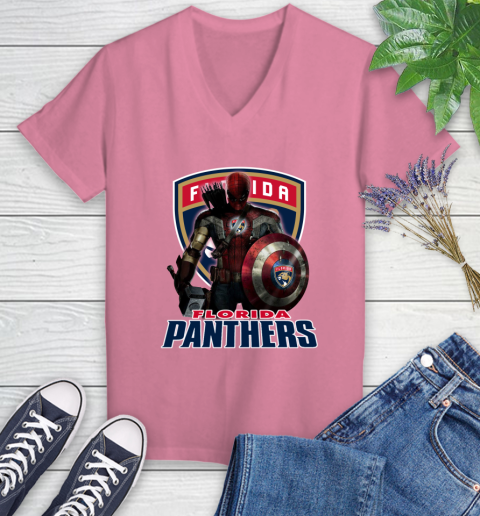 NHL Captain America Thor Spider Man Hawkeye Avengers Endgame Hockey Florida Panthers Women's V-Neck T-Shirt 13