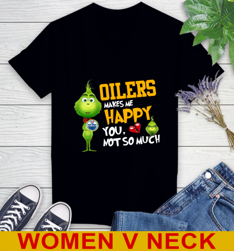 NHL Edmonton Oilers Makes Me Happy You Not So Much Grinch Hockey Sports Women's V-Neck T-Shirt