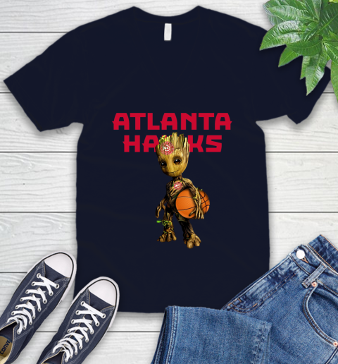 Atlanta Hawks NBA Basketball Groot Marvel Guardians Of The Galaxy V-Neck T-Shirt 3