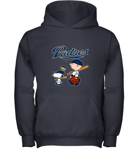 i50l san diego padres lets play baseball together snoopy mlb shirt youth hoodie 43 front navy