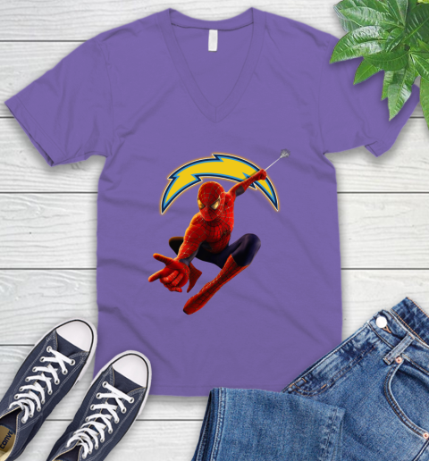 NFL Spider Man Avengers Endgame Football Los Angeles Chargers V-Neck T-Shirt 10 NFL Spider Man Avengers Endgame Football Los Angeles Chargers V-Neck T-Shirt - Image 10