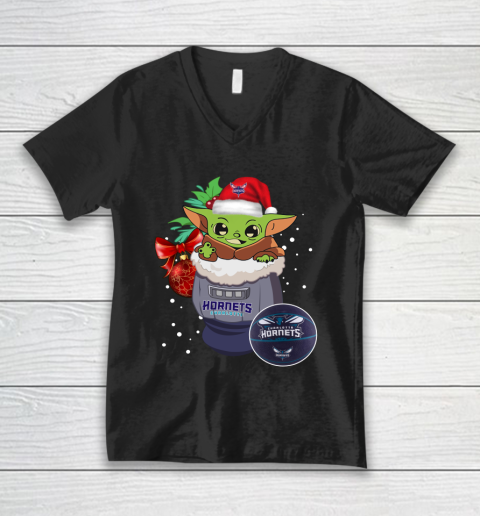 Charlotte Hornets Christmas Baby Yoda Star Wars Funny Happy NBA V-Neck T-Shirt
