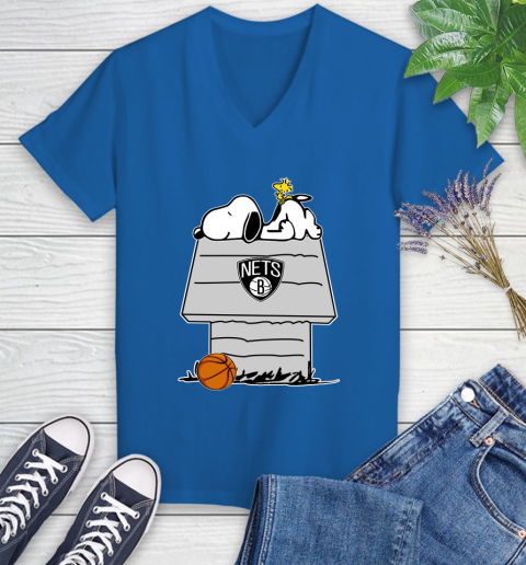 Brooklyn Nets NBA Basketball Snoopy Woodstock The Peanuts Movie Women's V-Neck T-Shirt 10