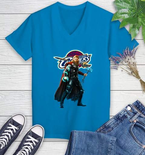 NBA Thor Avengers Endgame Basketball Cleveland Cavaliers Women's V-Neck T-Shirt 7
