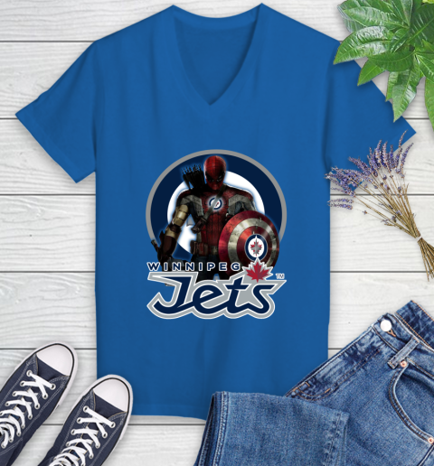 NHL Captain America Thor Spider Man Hawkeye Avengers Endgame Hockey Winnipeg Jets Women's V-Neck T-Shirt 10