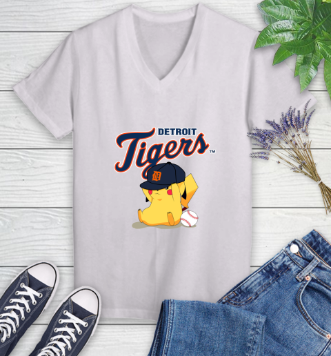 MLB Pikachu Baseball Sports Detroit Tigers Women's V-Neck T-Shirt
