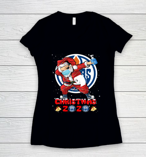 Edmonton Oilers Funny Santa Claus Dabbing Christmas 2020 NHL Women's V-Neck T-Shirt