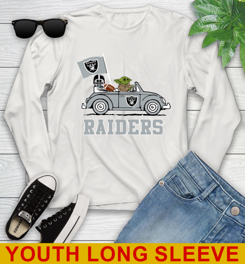 NFL Football Oakland Raiders Darth Vader Baby Yoda Driving Star Wars Shirt Youth Long Sleeve 12
