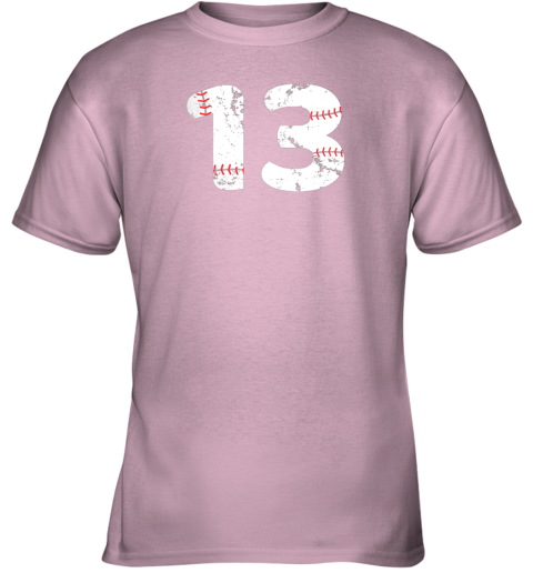 7q5t number 13 baseball vintage distressed team youth t shirt 26 front light pink