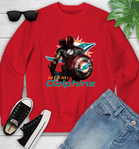 NFL Captain America Thor Spider Man Hawkeye Avengers Endgame Football Miami Dolphins Youth Sweatshirt 9