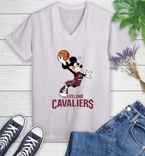 NBA Basketball Cleveland Cavaliers Cheerful Mickey Mouse Shirt Women's V-Neck T-Shirt 2