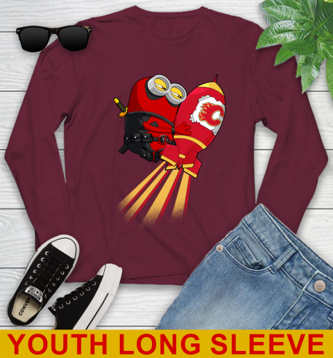 NHL Hockey Calgary Flames Deadpool Minion Marvel Shirt Youth Long Sleeve 6