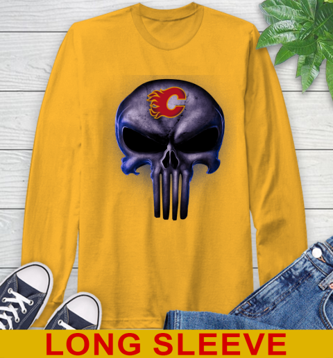 Calgary Flames NHL Hockey Punisher Skull Sports Long Sleeve T-Shirt 2