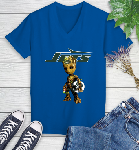 New York Jets NFL Football Groot Marvel Guardians Of The Galaxy Women's V-Neck T-Shirt 10